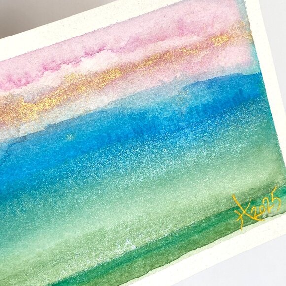 Golden Sunset Original Iridescent Watercolor Painting 4x5in Black Frame Desk Art - Picture 4 of 6